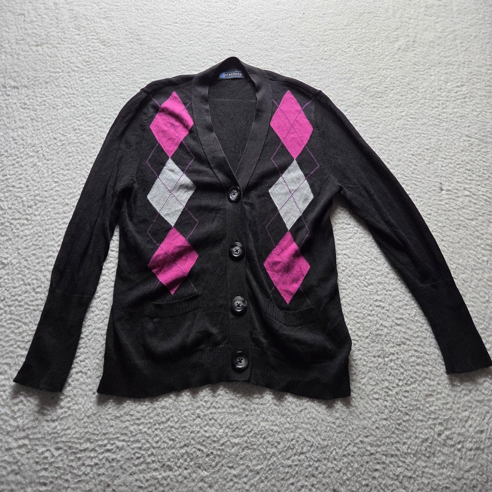 Relativity Cardigan Sweater Womens Petite Large Black Argyle V Neck Button Front
